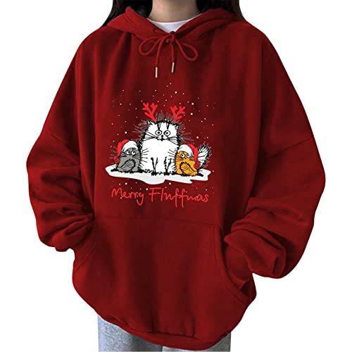 Dawwoti Damen Casual Weihnachten Hoodie Katzen Print Pullover Kapuze Kordelzug Winter Tops Herbst Winter Jumper von Dawwoti