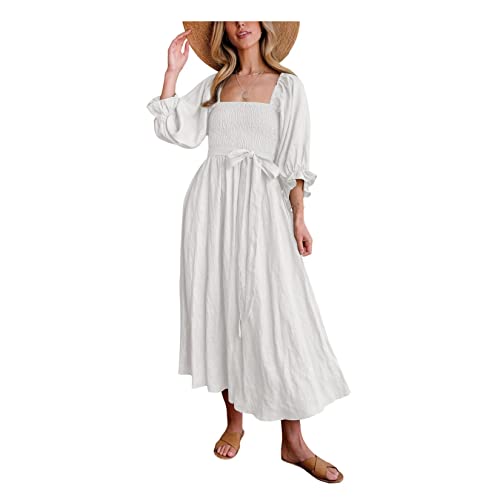 Dawwoti Damen Einfarbig Kleid 3/4 Laternenärmel Rüschen Kleid Lässig Kleid mit Gürtel Sommer Strandkleid Party Kleid von Dawwoti