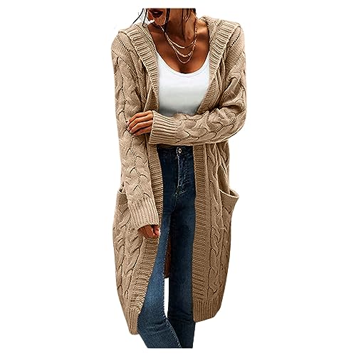 Dawwoti Damen Einfarbig Strickjacke Tasche Twist-Strickpullover Knielang Strick Cardigan Open Front von Dawwoti