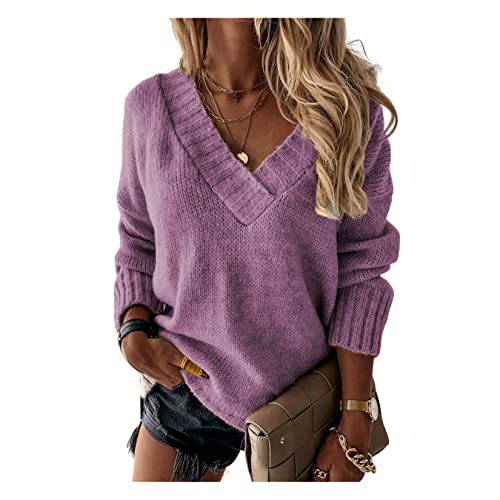 Dawwoti Damen Gestrickte Pullover Langarm V-Neck Oberseite Lässige Einfarbig Pullover Herbst All-Match Strickjacke von Dawwoti