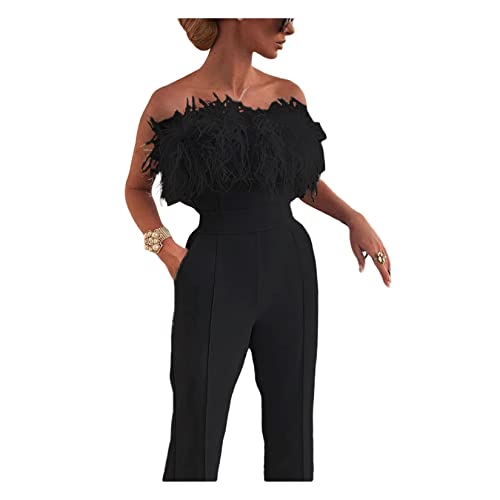 Dawwoti Damen -Jumpsuit, Eine Schulter -Feder -federröhrchen mit Festen Farbhose für Partyabend von Dawwoti