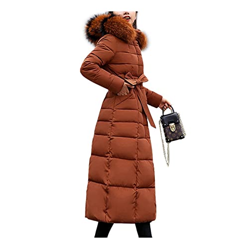 Dawwoti Damen Wintermantel Slim Fit Gepolsterte Mantel Langarm Maxi Kapuze Gürtel Tasche Faux Pelzkragen Warme Winter Mantel von Dawwoti