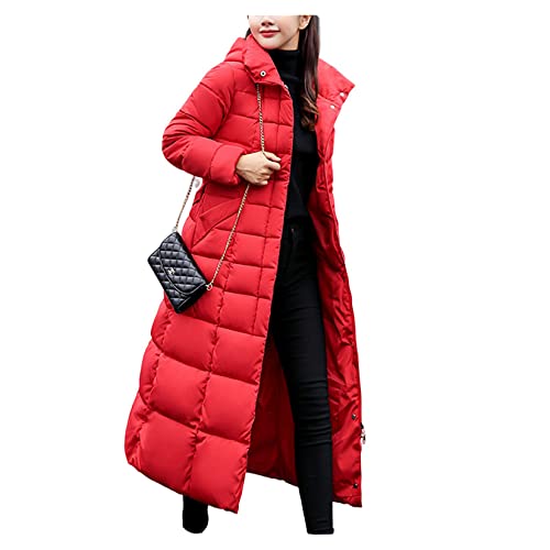 Dawwoti Damen Wintermantel Slim Fit Gepolsterte Mantel Langarm Maxi Kapuze Gürtel Tasche Faux Pelzkragen Warme Winter Mantel von Dawwoti