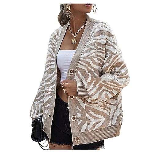 Dawwoti Damen Zebrastreifen Strickjacke Langarm Einreihig Strick Cardigan Locker Open Front Sweater von Dawwoti