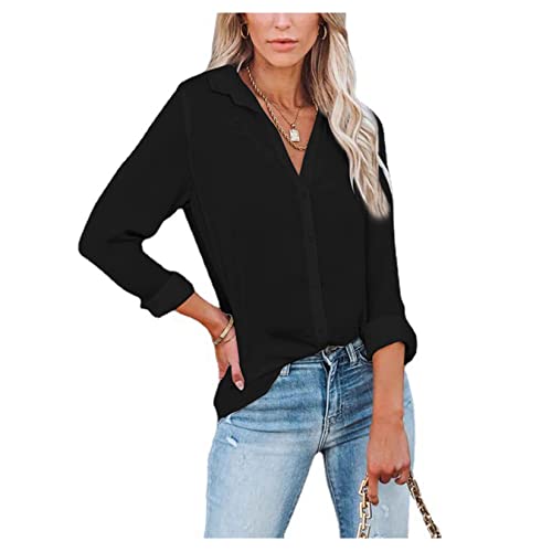 Dawwoti Frauen Einfarbig Hemden Langarm V-Neck Tops Herbst Reverskragen Knopf Bluse All-Match Slim Tops Locker Chiffon Tops von Dawwoti