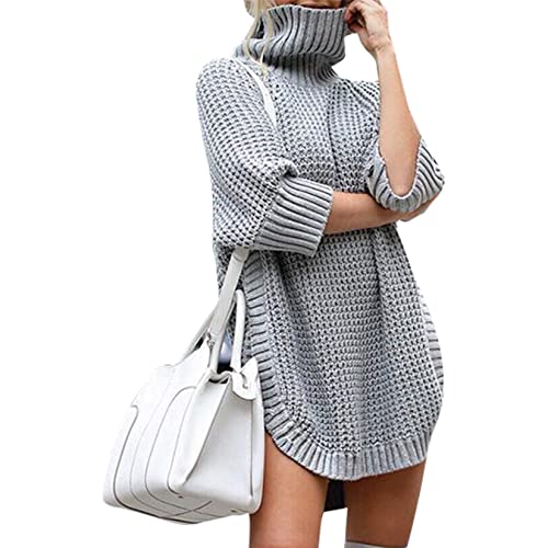 Dawwoti Frauen Herbst Einfarbig Pullover Kleid Halbes Hülse Pullover Jumper Seitenschlitz Netter Waffel Stricken Tops von Dawwoti