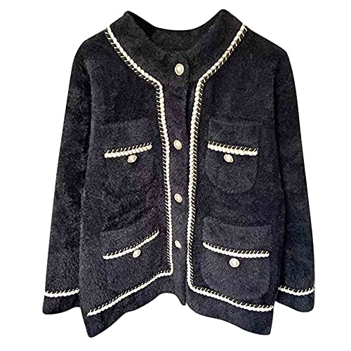 Dawwoti Frauen Langarm Klassisch Strickjacken Schwarz Weiß Strickjacken Tasche Knopf Strickjack Vintage Lässig Strickwaren von Dawwoti