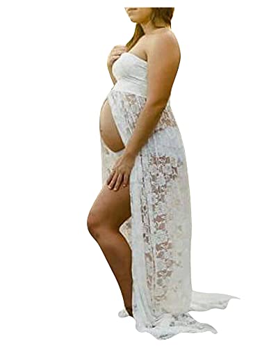 Dawwoti Frauen Mutterschaft Fotoshooting Maxikleid Schulterfrei Fotografie Umstandskleid Vorderseite Geteilte Kleid Spitze Schwangere Kleid von Dawwoti