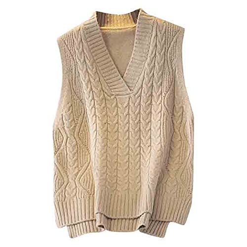 Dawwoti Frauen Pullover Weste Übergroßen V Neck Sleeveless Jumper Sweatshirt Twist Kabel Einfarbig Stricken Tops von Dawwoti