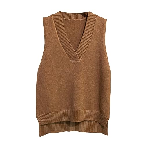 Dawwoti Frauen V Neck Pullover Weste Ärmellose Jumper Sweatshirt Layered Stricken Gilets Weste Top (as3, Alpha, one_Size, Regular, Regular, Braun) von Dawwoti