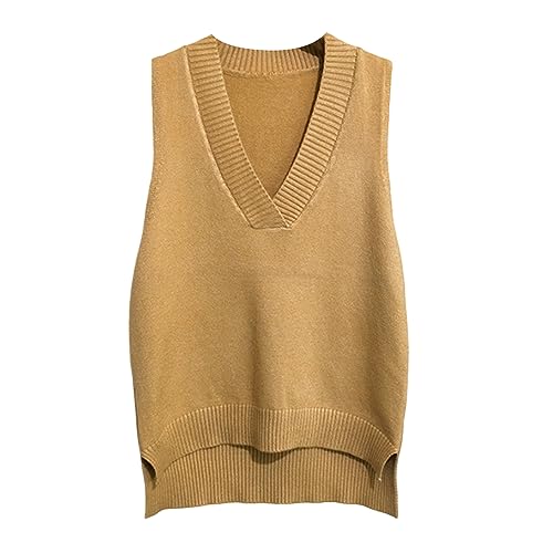 Dawwoti Frauen V Neck Pullover Weste Ärmellose Jumper Sweatshirt Layered Stricken Gilets Weste Top (as3, Alpha, one_Size, Regular, Regular, Gold) von Dawwoti