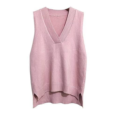 Dawwoti Frauen V Neck Pullover Weste Ärmellose Jumper Sweatshirt Layered Stricken Gilets Weste Top (as3, Alpha, one_Size, Regular, Regular, Rosa) von Dawwoti