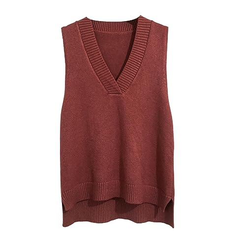Dawwoti Frauen V Neck Pullover Weste Ärmellose Jumper Sweatshirt Layered Stricken Gilets Weste Top (as3, Alpha, one_Size, Regular, Regular, Weinrot) von Dawwoti