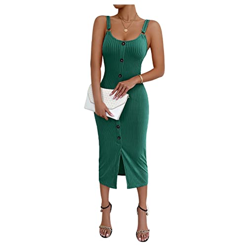 Dawwoti Frauenkleider Basic Gerippte Strickknopf Schaufel Halskleider Ärmellose Körpercon Midi Kleid von Dawwoti