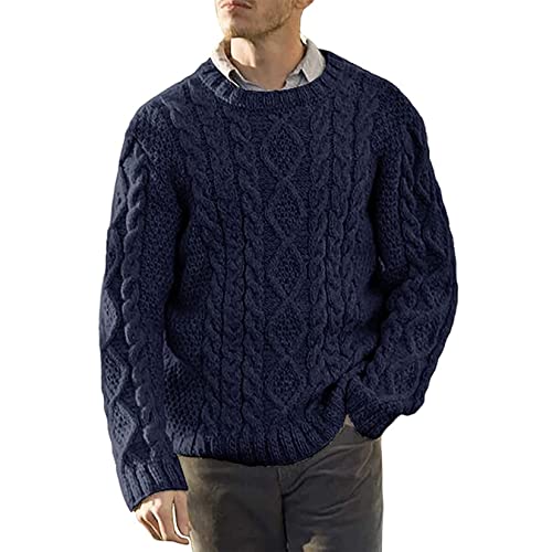 Dawwoti Herren-Pullover Rundhalsausschnitt Grober Zopfmuster-Strickpullover Grundfarbe Warmer Herbst Winter Pullover Einfarbig von Dawwoti