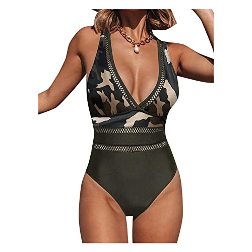 Dawwoti Damen Camouflage Einteilig Badeanzug V-Ausschnitt Crisscross Back Mesh Swimwear Ärmellos Off-Schulter Badeanzug von Dawwoti