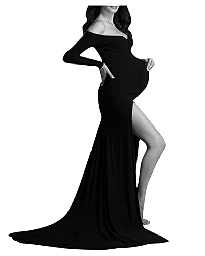 Frauen Baumwolle Mutterschaft Bodycon Maxi Kleid für Foto-Shooting, Off Shoulder High Slit Schwarz von Dawwoti