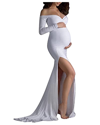 Frauen Baumwolle Mutterschaft Bodycon Maxi Kleid für Foto-Shooting, Off Shoulder High Slit von Dawwoti