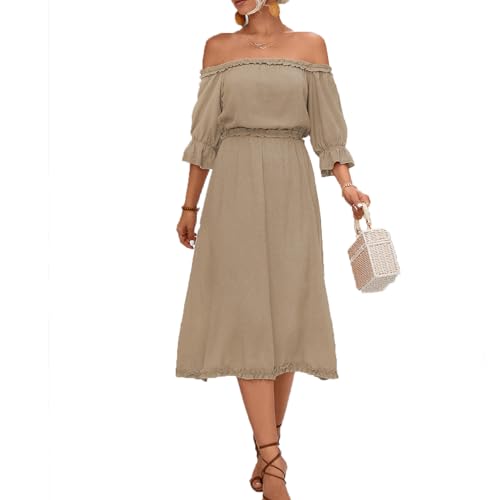 Frauenkleider, Lässige Eine Schulter Gekräuselte Schlanke Swing -Kleid, Hohe Taillenkleid für (DE/NL/SE/PL, Alphanumerisch, XL, Regular, Regular, Beige) von Dawwoti