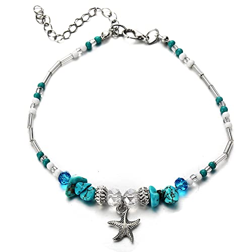 Daxlizy Boho Türkis Fußkette Damen, Verstellbar Charme Fußkette Boho Armband Perlen Fußkettchen Seestern Anhänger Knöchel Schmuck Charm Sandstrand Fußschmuck Boho für Frauen Mädchen (Blau) von Daxlizy