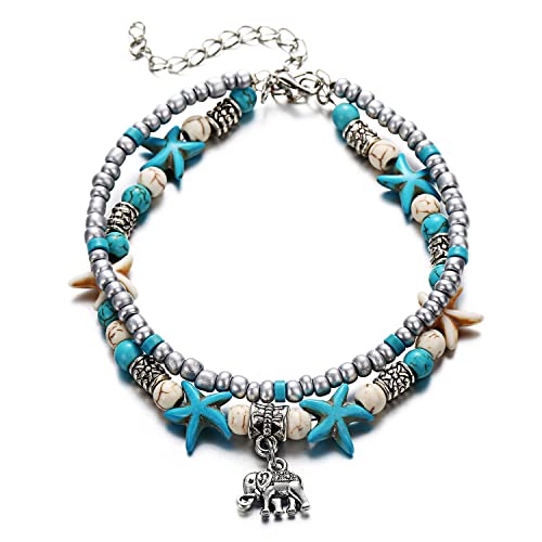 Daxlizy Boho Türkis Fußkette Damen Fußkettchen Elefant, Verstellbar Geschichtete Fußkettchen Elefant Anhänger Charme Fußkette Boho Armband Layered Sandstrand Fußschmuck Boho für Frauen Mädchen von Daxlizy