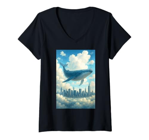 Damen Wal schwebt über der Stadt in Wolken T-Shirt mit V-Ausschnitt Damen Wal schwebt über der Stadt in Wolken T-Shirt mit V-Ausschnitt von Day Dream Artwork