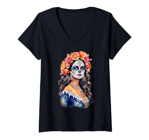 Bunte Maske Mexikanisches Mädchen La Catrina T-Shirt mit V-Ausschnitt Bunte Maske Mexikanisches Mädchen La Catrina T-Shirt mit V-Ausschnitt von Day Of Dead Elegance Skeleton Lady