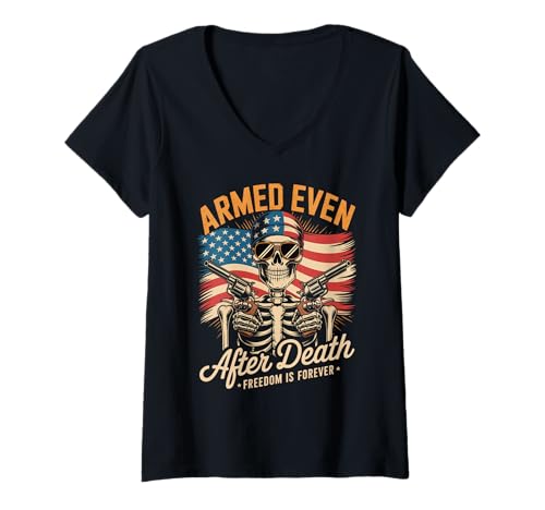 Damen Mexikanisch-amerikanisches Patriot-Skelett – Pro Gun T-Shirt mit V-Ausschnitt Damen Mexikanisch-amerikanisches Patriot-Skelett – Pro Gun T-Shirt mit V-Ausschnitt von Day of Dead - Proud Gun Owner Freedom is Forever