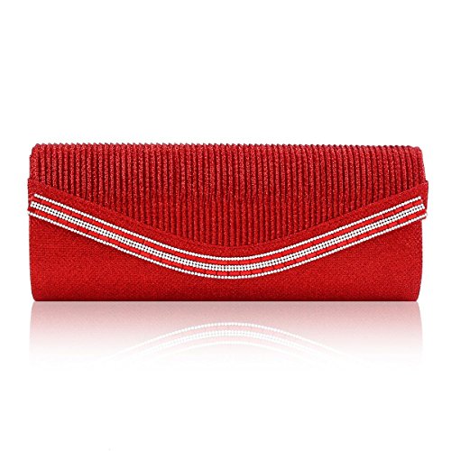 Day of Saturn Damen Groß Abendtasche Strassstein Handtasche Glänzend Clutch Mit Abnehmbare Kette,Rot von Day of Saturn