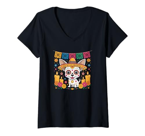 Damen Day of The Dead Chihuahua Lover Cute Skull Dog Celebration T-Shirt mit V-Ausschnitt von Day of The Dead Chihuahua Souvenirs and More