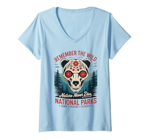 Damen Dia de los Muertos Calavera Bear schützt die US-Nationalparks T-Shirt mit V-Ausschnitt von Day of the Dead Vintage USA National Park Outfits