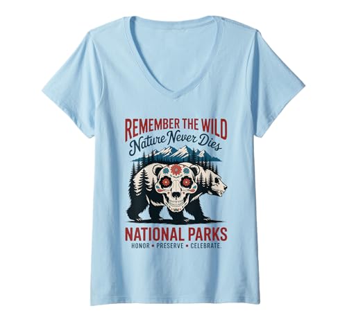 Damen Mexikanischer amerikanischer Calavera Bear Pride für Nationalparks USA T-Shirt mit V-Ausschnitt von Day of the Dead Vintage USA National Park Outfits