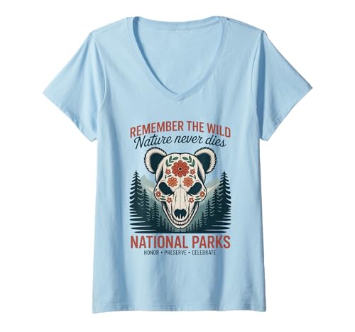 Damen Nature Endures Calavera Bär für Nationalpark-Liebhaber, USA T-Shirt mit V-Ausschnitt von Day of the Dead Vintage USA National Park Outfits
