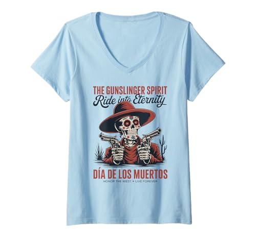 Damen Western-Revolverheld: Schädelritt in die Ewigkeit T-Shirt mit V-Ausschnitt von Day of the Dead Vintage Western Gunslinger Spirit