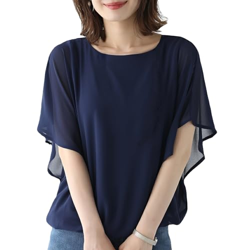 DayaEmmoTQ Damen Batwing Chiffon Tunika - Halbe Ärmel Double Layer Stretchy Fließende Rundhalsausschnitt Bluse Sommer Mesh Double Layer Tulle Bluse von DayaEmmoTQ