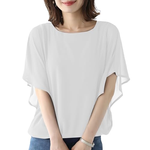 DayaEmmoTQ Damen Batwing Chiffon Tunika - Halbe Ärmel Double Layer Stretchy Fließende Rundhalsausschnitt Bluse Sommer Mesh Double Layer Tulle Bluse von DayaEmmoTQ