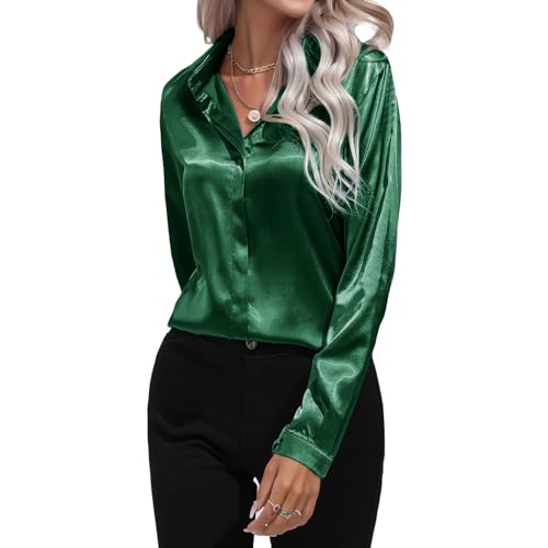 DayaEmmoTQ Damen Bluse Satin Seide V-Ausschnitt Hemden Elegant Langarm Business Oberteile mit Knöpfen Tops Lose Langarmshirt von DayaEmmoTQ