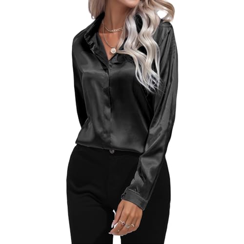 DayaEmmoTQ Damen Bluse Satin Seide V-Ausschnitt Hemden Elegant Langarm Business Oberteile mit Knöpfen Tops Lose Langarmshirt von DayaEmmoTQ