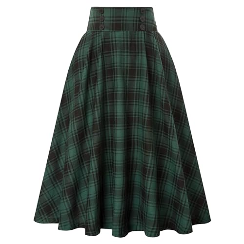 DayaEmmoTQ Damen Lang Vintage Elegante Winterrock A-Linie Hohe Taille Midirock Faltenröcke Casual Elastische Unterrock Röcke Tellerrock Herbst Schottischer Rock Großen Swing Rock (Green, M) von DayaEmmoTQ