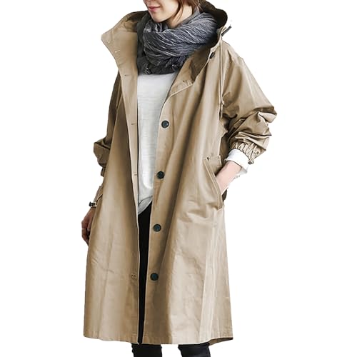 DayaEmmoTQ Damen Zweireiher mit Kapuze Schlankheits Trenchcoat Mittellang Mode Lässig Klassisch Mantel (DE/NL/SE/PL, Alphanumerisch, L, Regular, Regular, Khaki) von DayaEmmoTQ