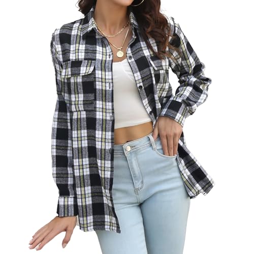 DayaEmmoTQ Karierte Bluse Damen Langarmshirt - Karohemd Casual Boyfriend Hemd Oberteile Button Down Hemdbluse Plaid Shirt Top von DayaEmmoTQ