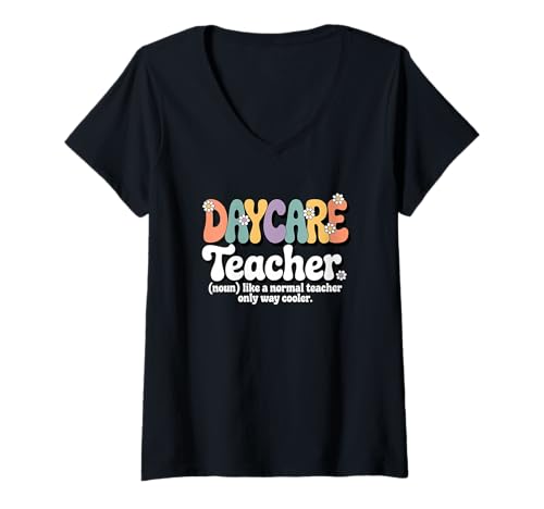 Damen Retro Groovy Kindergärtnerin in der frühen Kindheit Zurück zur Schule T-Shirt mit V-Ausschnitt von Daycare Teacher Apparel for Women & Men