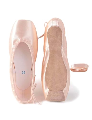 Daydance Ballettschuhe für Mädchen und Frauen, mit Schleife, Ballerina-Schuhe mit Zehenpolstern, Zehenbereich aus rosa Leder, 40.5 EU von Daydance