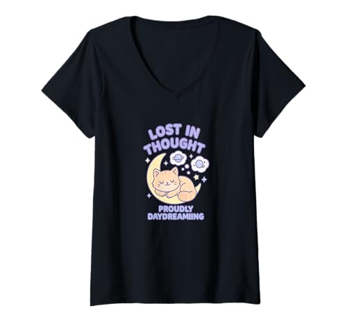 Damen Gedankenverloren, stolz tagträumende Katze Kawaii Art T-Shirt mit V-Ausschnitt Damen Gedankenverloren, stolz tagträumende Katze Kawaii Art T-Shirt mit V-Ausschnitt von Daydreamers Club Collective