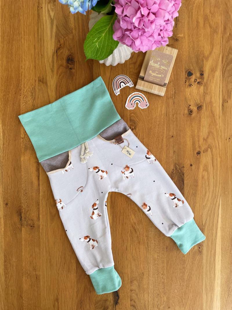 Handmade Baby Pumphose Mit Hosentaschen/Kleine Hunde Mitwachsend Beige Mint Grün von DaydreamsShopDE