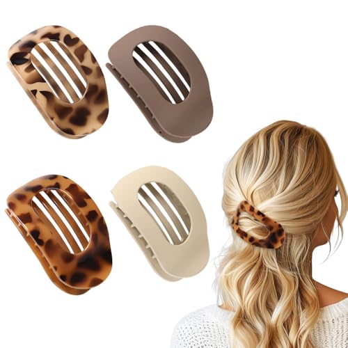 4PCS Flache Haarspangen, Französische Leopard Print flache Haarspangen für Frauen, Runde Lay flache Klauenclips, Bequemer starker Halt flache Clips für Haare, für Frauen Mädchen dickes dünnes Haar von Dayinkes