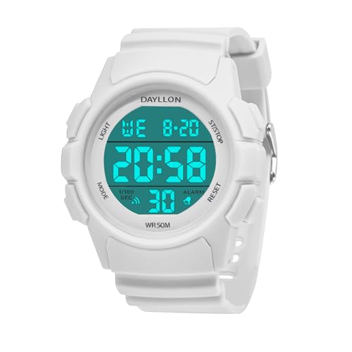 Dayllon Uhr für Männer Digitale Sportuhren Wasserdicht Militär Multifunktions Chronograph Stoppuhr Armbanduhr mit LED Hintergrundbeleuchtung/Alarm/Datum (Weiß) von Dayllon
