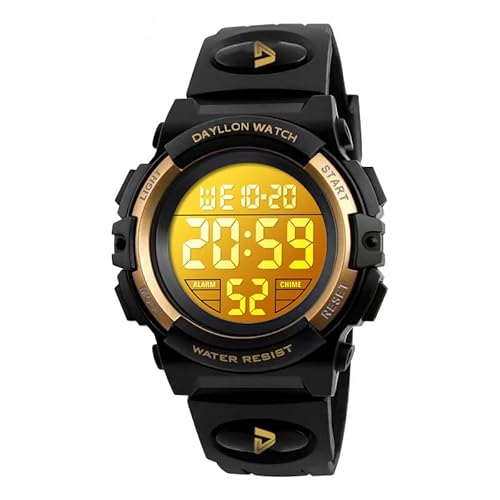 Digitale Kinder-Armbanduhr, Outdoor-Sport, 50 m, wasserdicht, elektronische Uhren, Wecker, 12/24 Stunden, Stoppuhr, Kalender, Jungen, Mädchen, Armbanduhr, schwarz / goldfarben, Digital von Dayllon