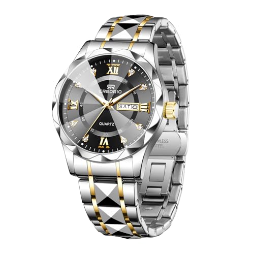 Uhr für Männer Diamond Business Dress Analog Quarz Edelstahl Wasserdicht Leuchtdatum Zwei-Ton-Luxus Casual Armbanduhr Silber Schwarz von Dayllon
