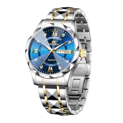 Uhr für Männer Diamond Business Dress Analog Quarz Edelstahl Wasserdicht Leuchtdatum Zwei-Ton-Luxus Casual Armbanduhr Silberblau von Dayllon